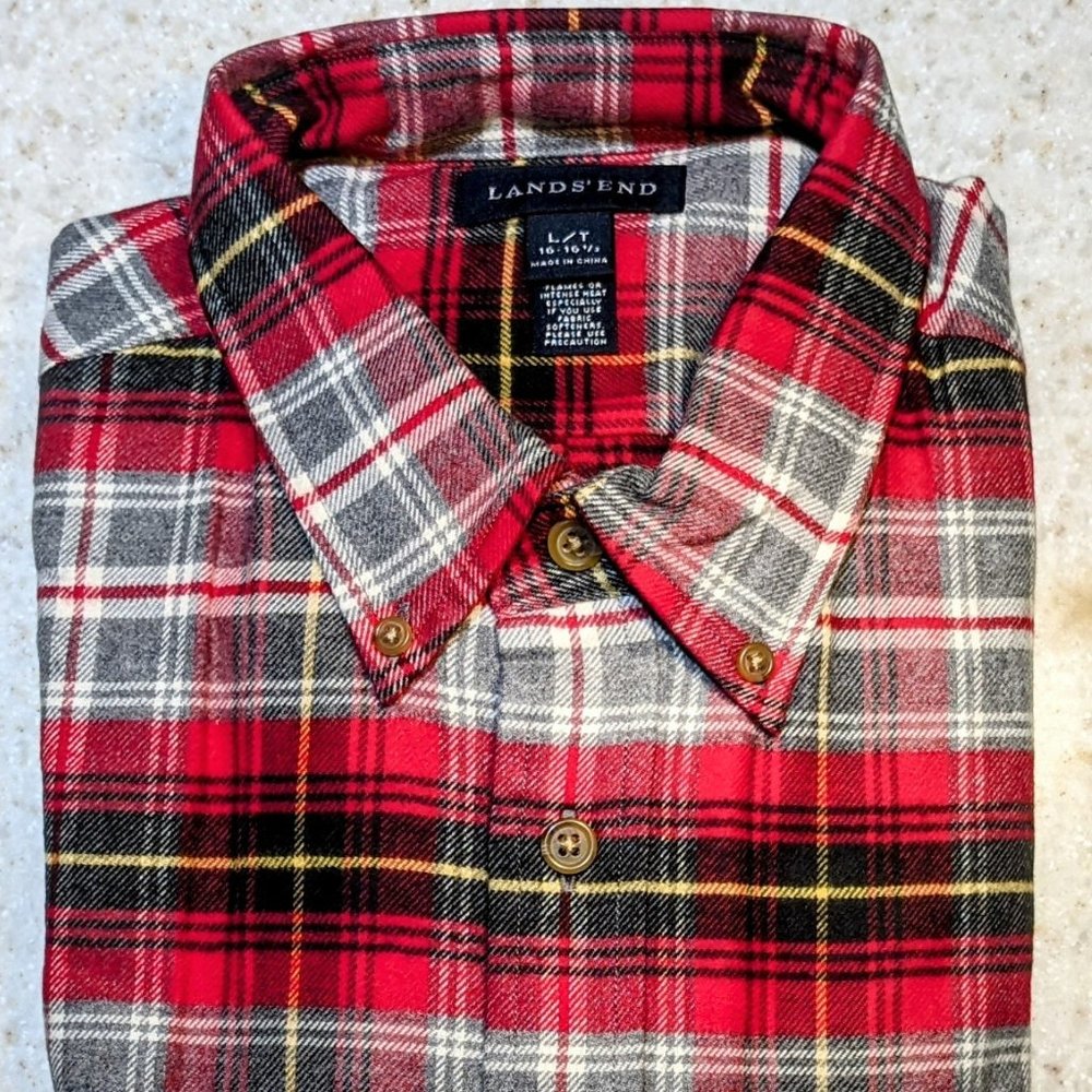 Lands' End NWOT Men's Plaid Flannel Button Down Shirt Traditional Fit Large Tall